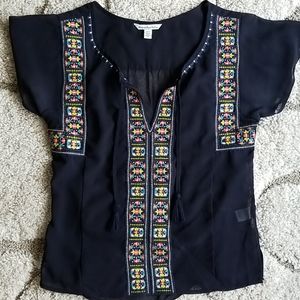 LOFT Navy Blue Sheer Embroidered Top